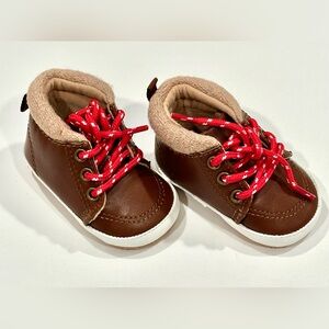 0-3 Months Old Navy Soft Bottom Brown Boots with Red Shoelaces